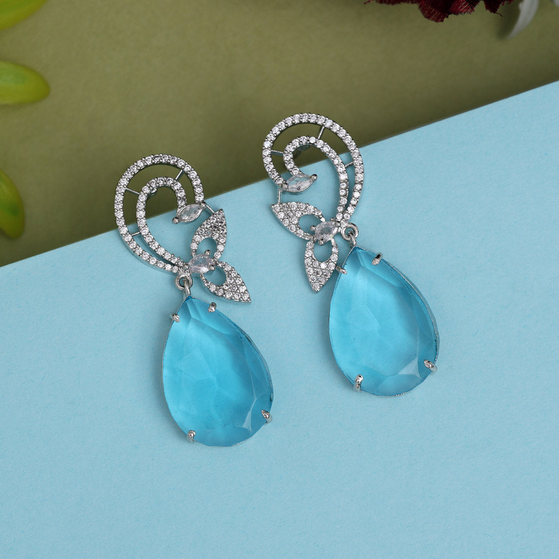 Sky Blue Color American Diamond Earrings (ADE561SBLU) - preyans.com