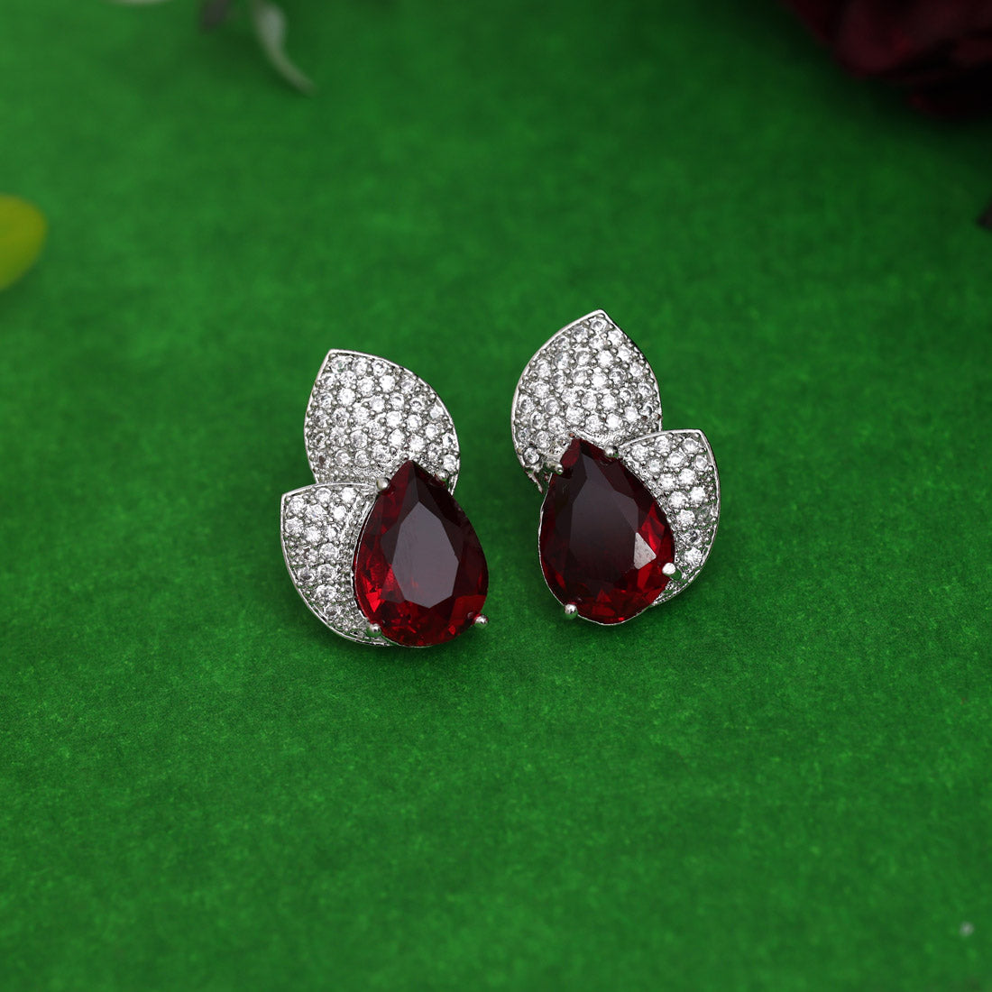 Maroon Color American Diamond Earrings (ADE572MRN) - preyans.com