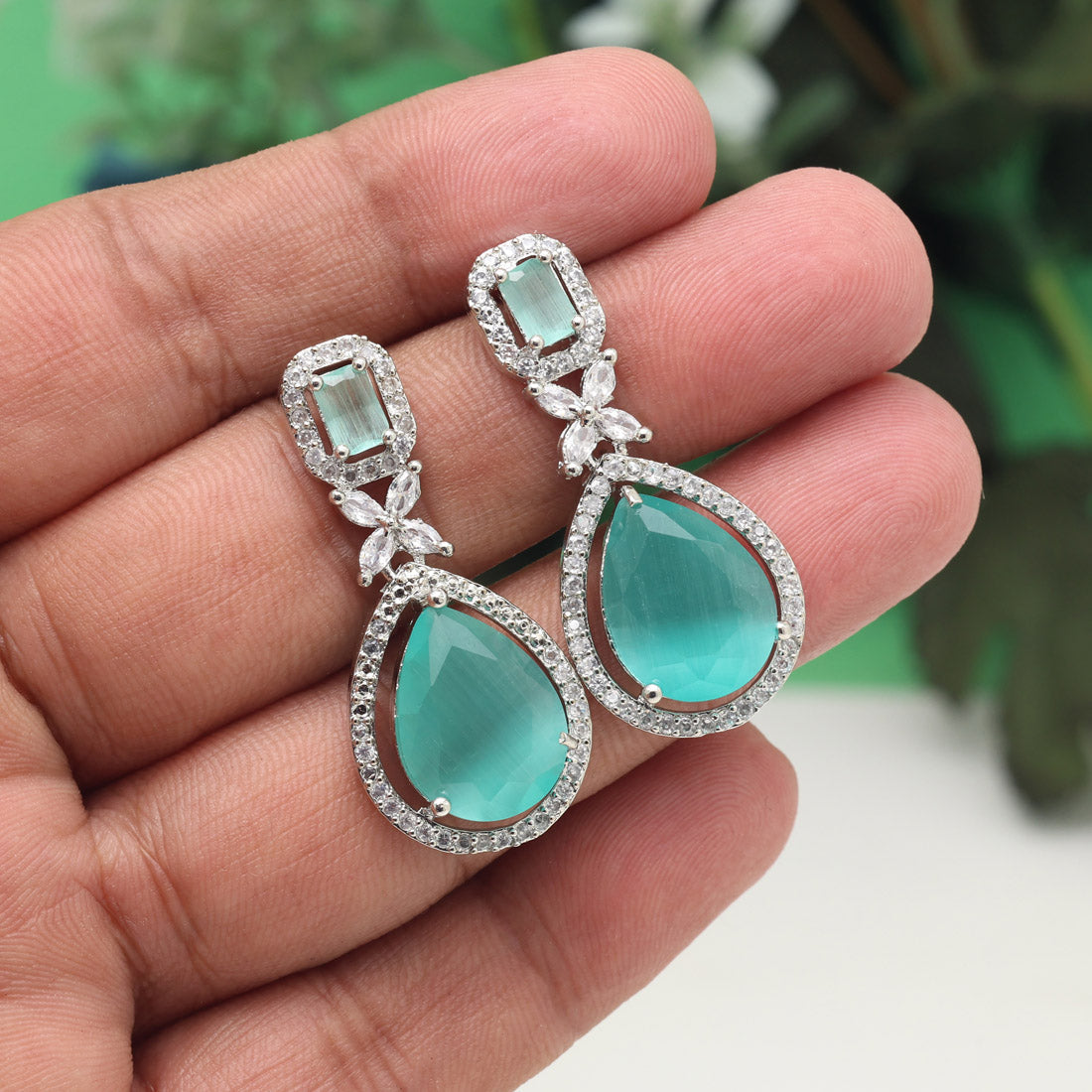 Pista Green Color American Diamond Earrings (ADE598PGRN) - preyans.com