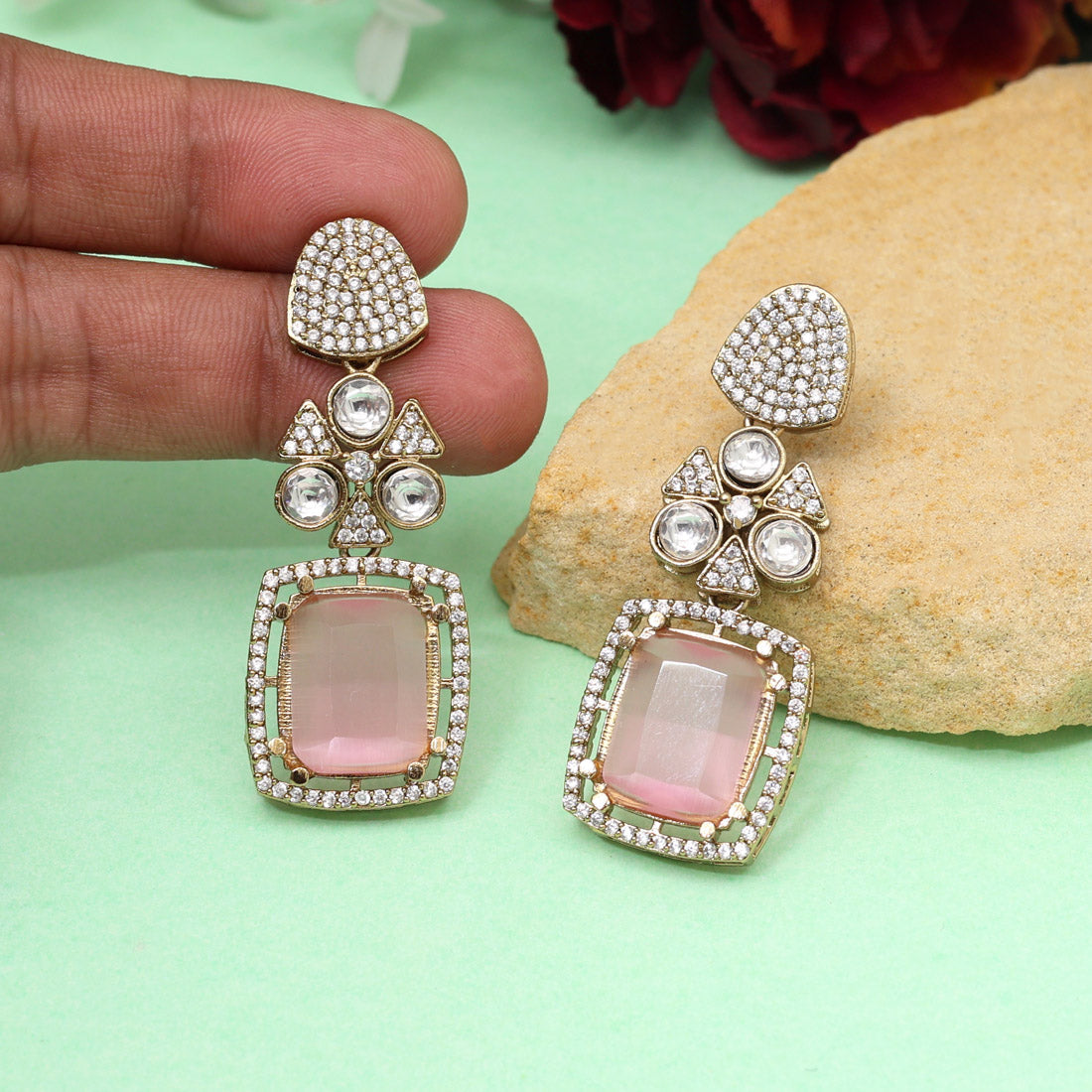 Pink Color Royal Look Handmade Jaipur Earrings On Brass Metal With American Diamond And Monalisa Stones Studded On Apala Polish (ADE614PNK) - Preyans.com