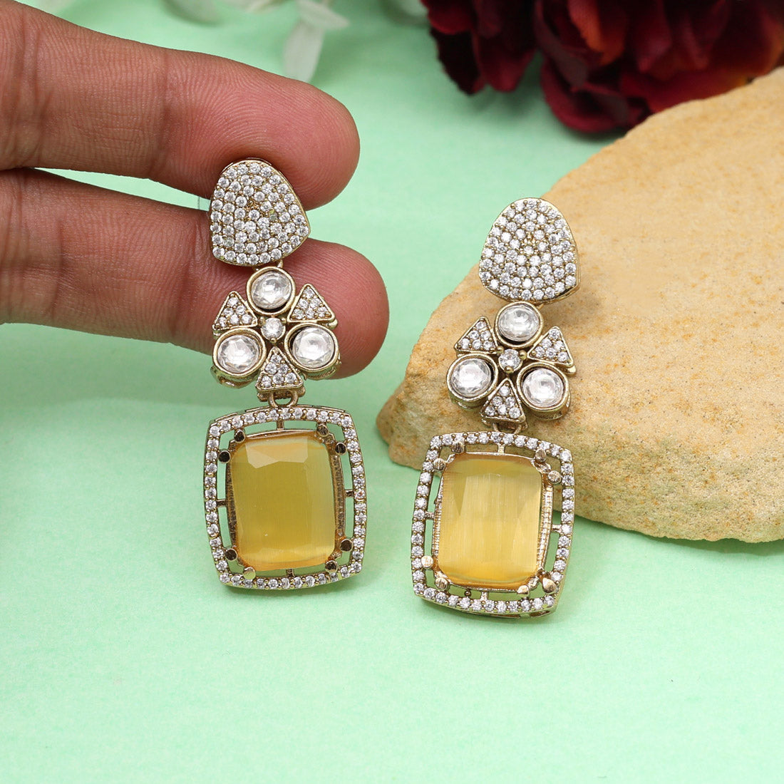 Yellow Color Royal Look Handmade Jaipur Earrings On Brass Metal With American Diamond And Monalisa Stones Studded On Apala Polish (ADE614YLW) - Preyans.com