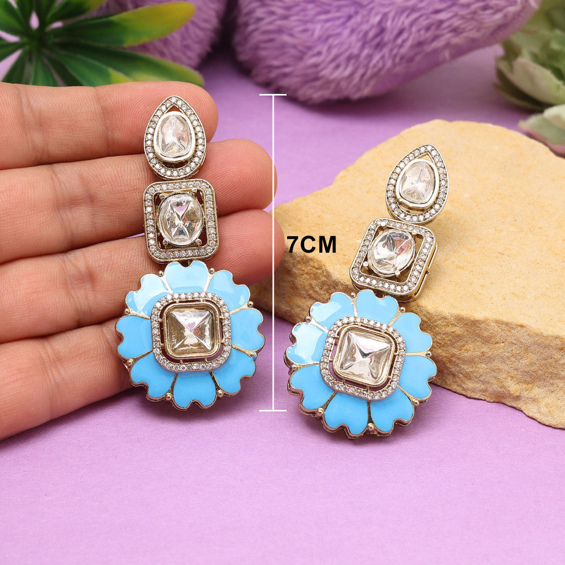 Firozi Color Meena Work American Diamond Earrings - Preyans.com