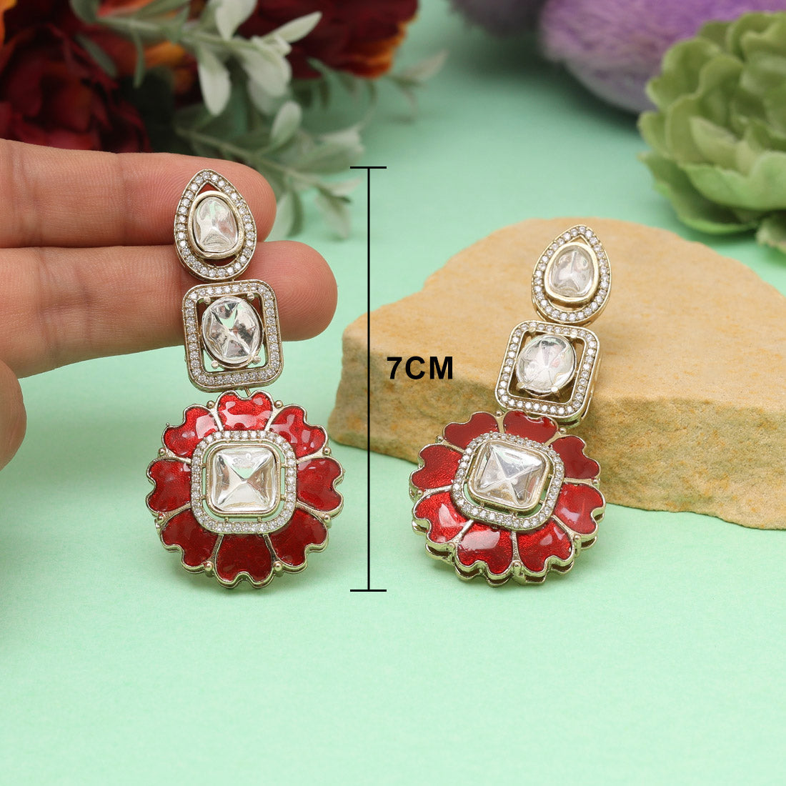 Maroon Color Meena Work American Diamond Earrings - Preyans.com
