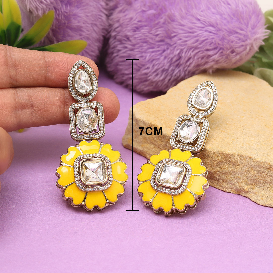Yellow Color Meena Work American Diamond Earrings - Preyans.com