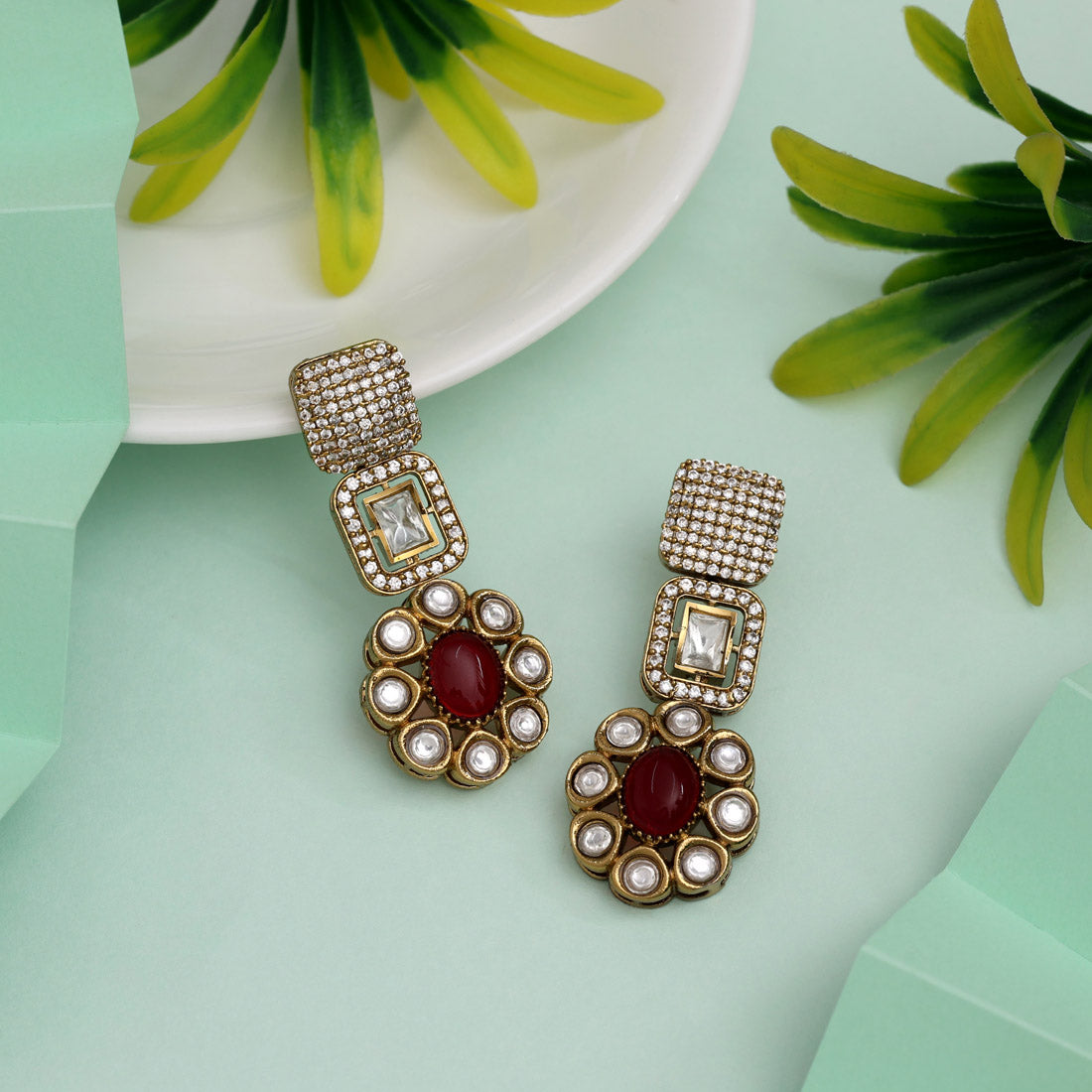 Elegant Red Color American Diamond Earrings For Classic Evening Style - Preyans.com