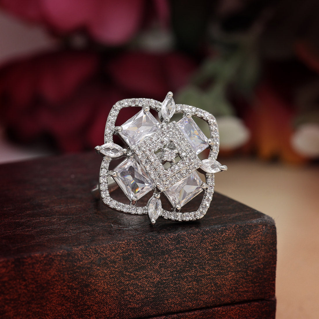 Silver Color American Diamond Finger Ring (ADR571SLV) - preyans.com