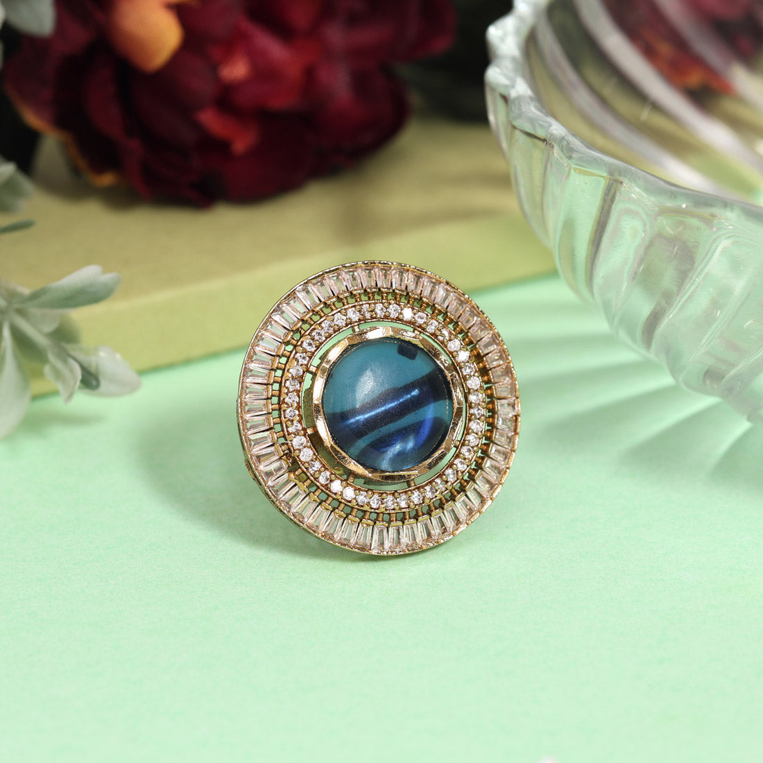 Blue Color American Diamond Finger Ring (ADR614BLU) - preyans.com