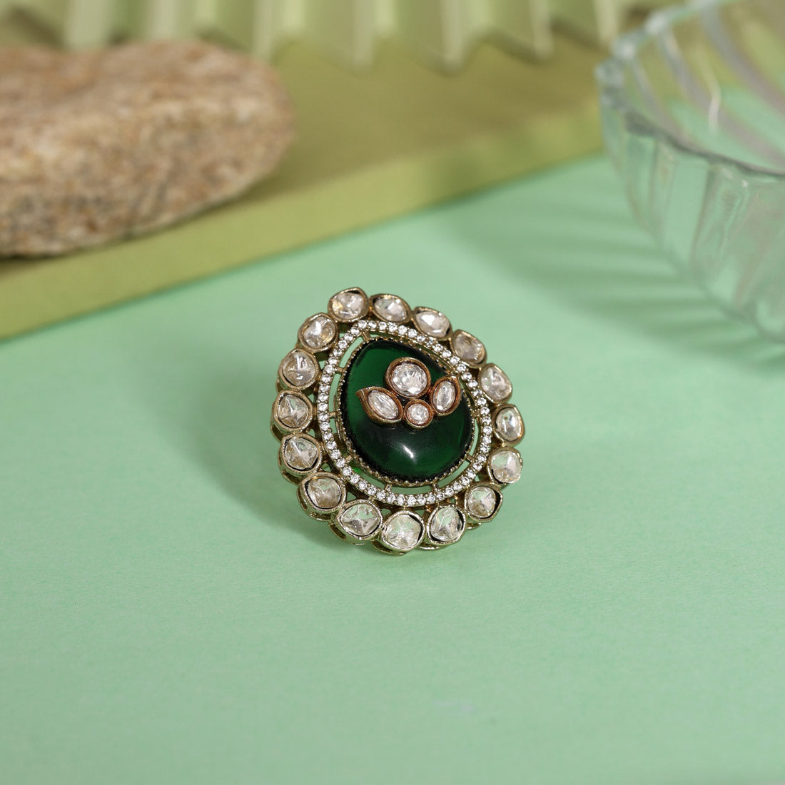 Green Color Handmade Premium Quality Brass Metal Moissanite Stone Jaipur Fiinger Rings (ADR622GRN) - Preyans.com