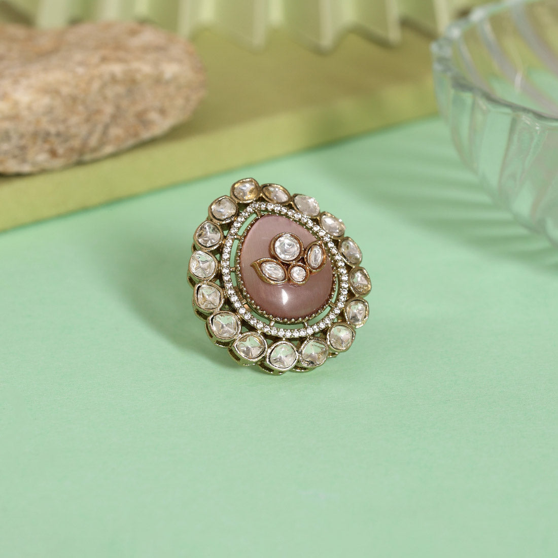 Pink Color Handmade Premium Quality Brass Metal Moissanite Stone Jaipur Fiinger Rings (ADR622PNK) - Preyans.com