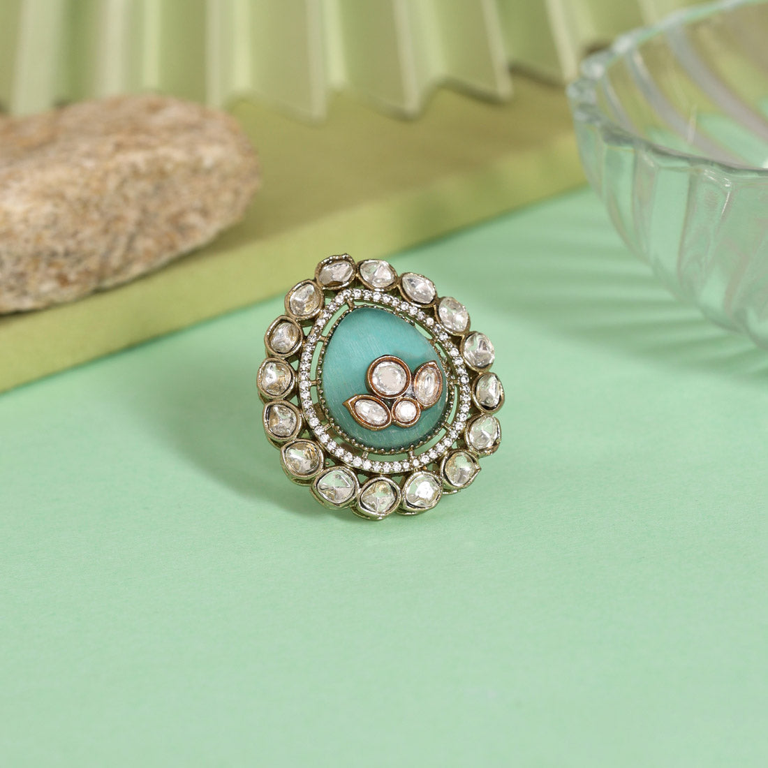 Sky Blue Color Handmade Premium Quality Brass Metal Moissanite Stone Jaipur Fiinger Rings (ADR622SBLU) - Preyans.com