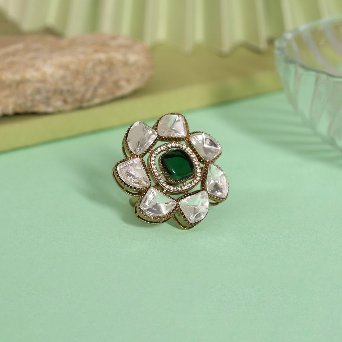 Green Color Handmade Premium Quality Brass Metal Moissanite Stone Jaipur Fiinger Rings (ADR623GRN) - Preyans.com