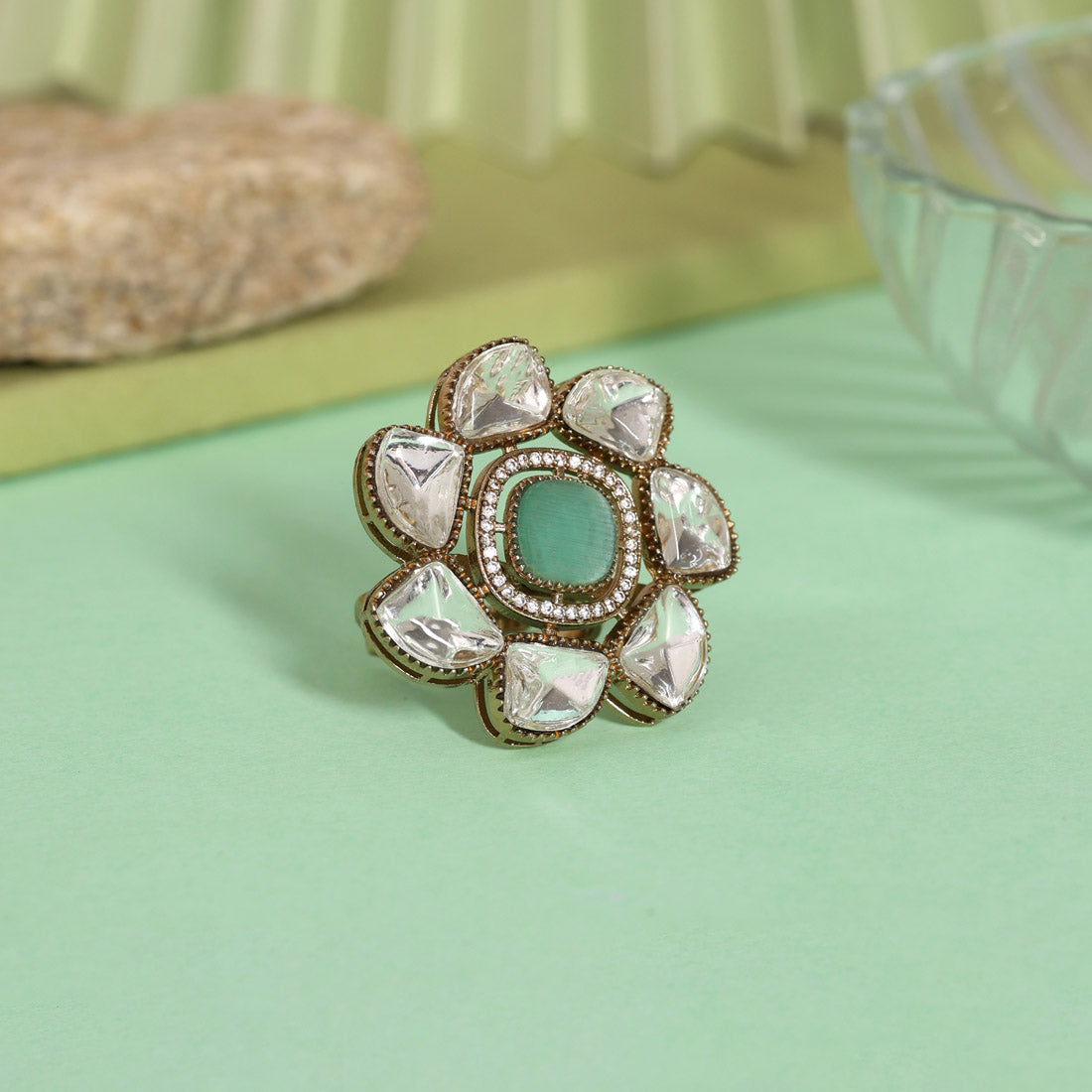 Pista Green Color Handmade Premium Quality Brass Metal Moissanite Stone Jaipur Fiinger Rings (ADR623PGRN) - Preyans.com