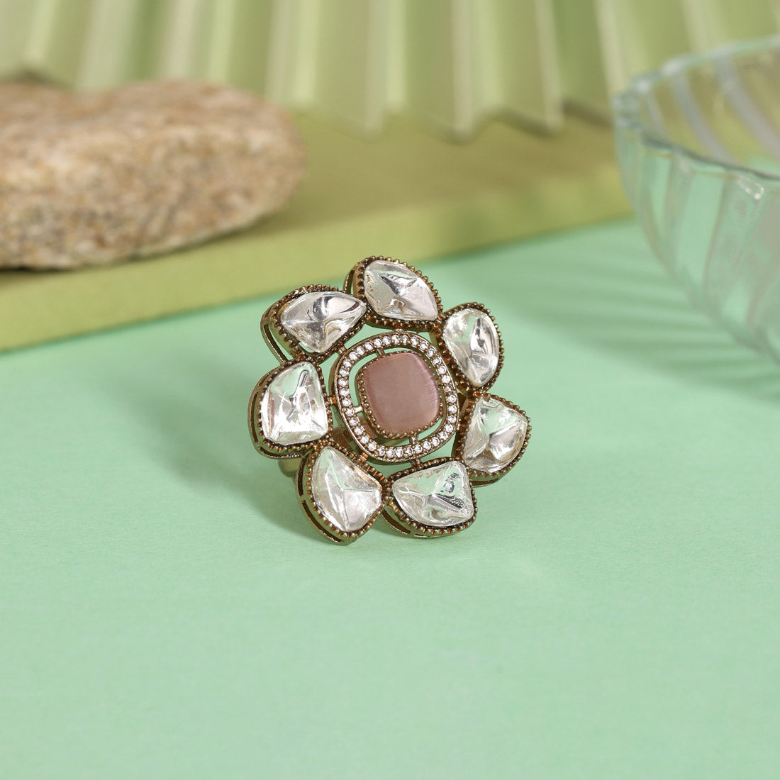 Pink Color Handmade Premium Quality Brass Metal Moissanite Stone Jaipur Fiinger Rings (ADR623PNK) - Preyans.com