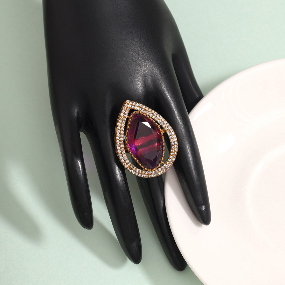 Elegant Magenta Color American Diamond Finger Ring With Sparkling Detailing - Preyans.com