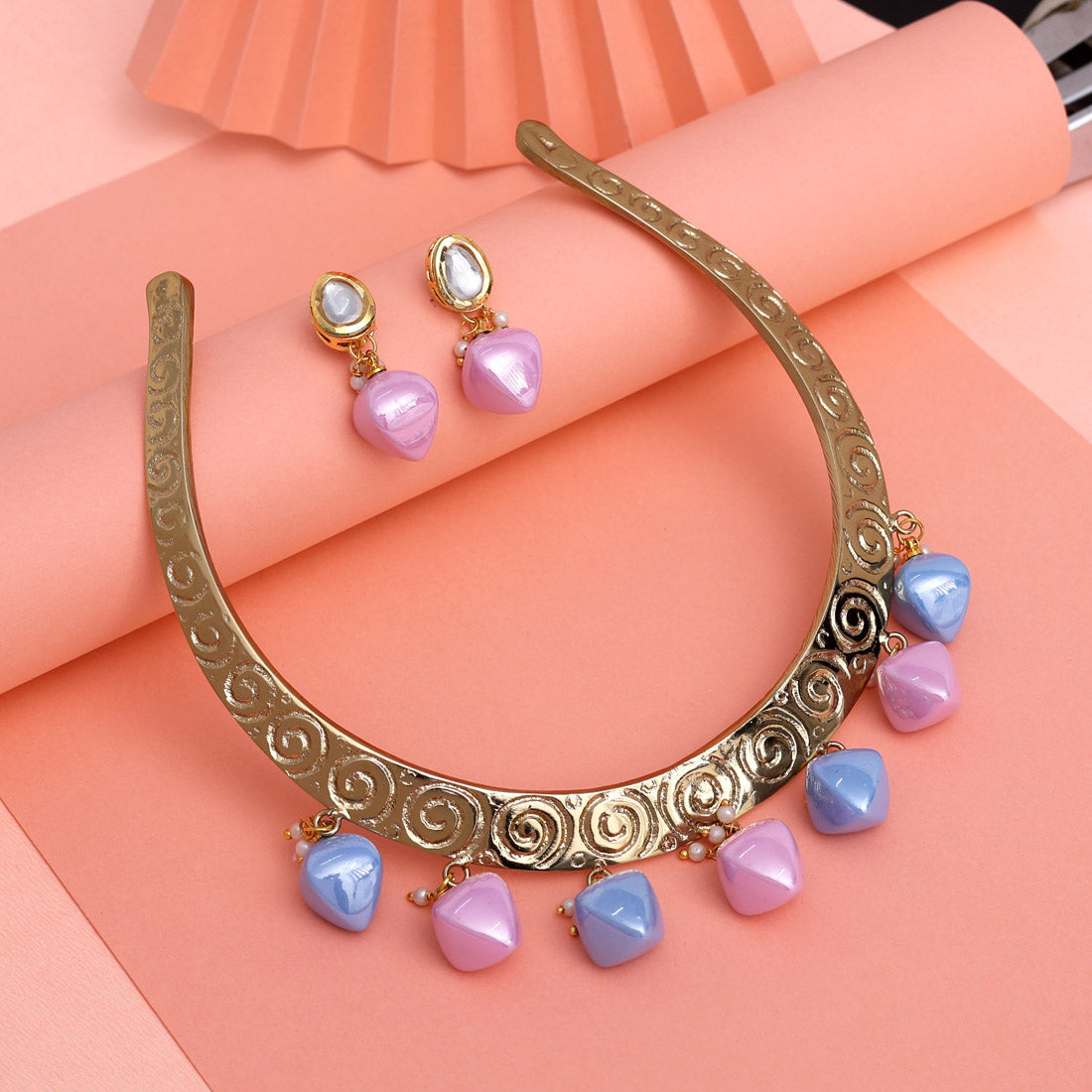 Pink & Sky Blue Color Handmade In Jaipur On Brass Metal With Tumble Stones & Apala Polish Necklaces (AMPN156PNKSBLU) - Preyans.com