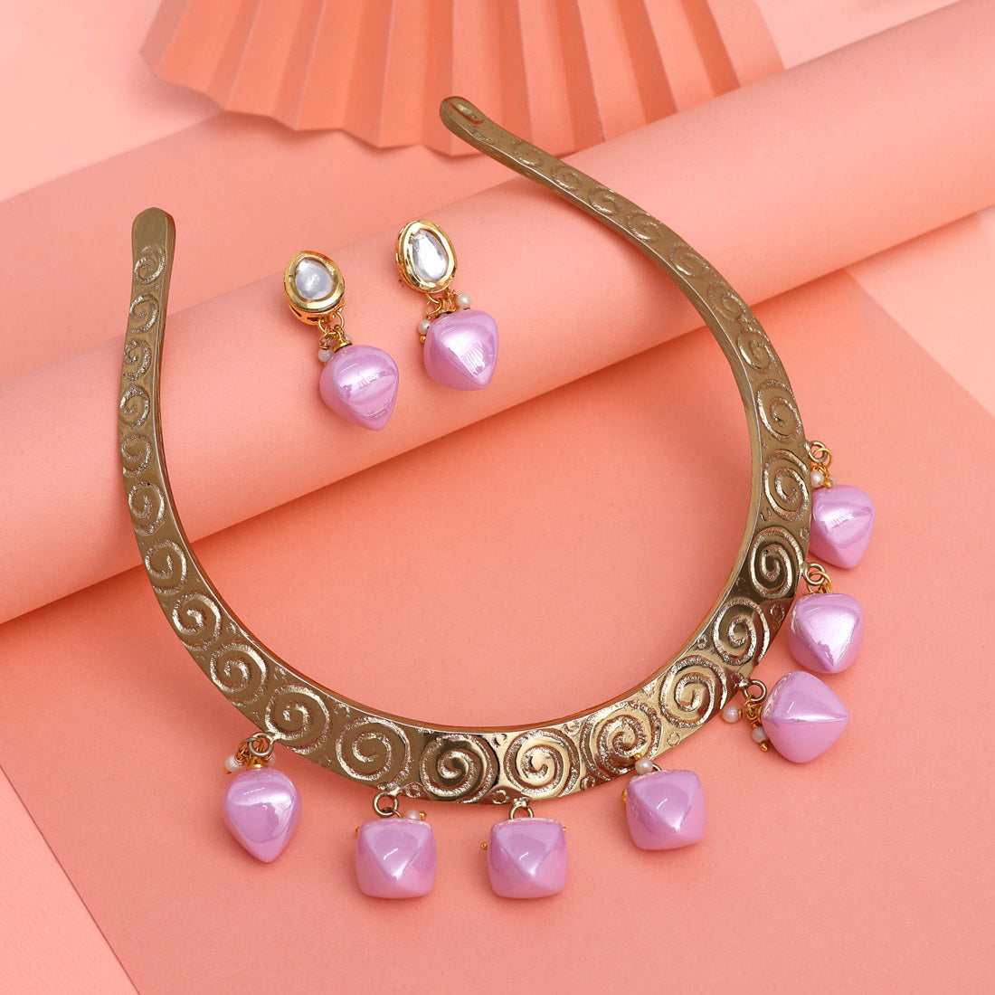 Pink Color Handmade In Jaipur On Brass Metal With Tumble Stones & Apala Polish Necklaces (AMPN156PNK) - Preyans.com