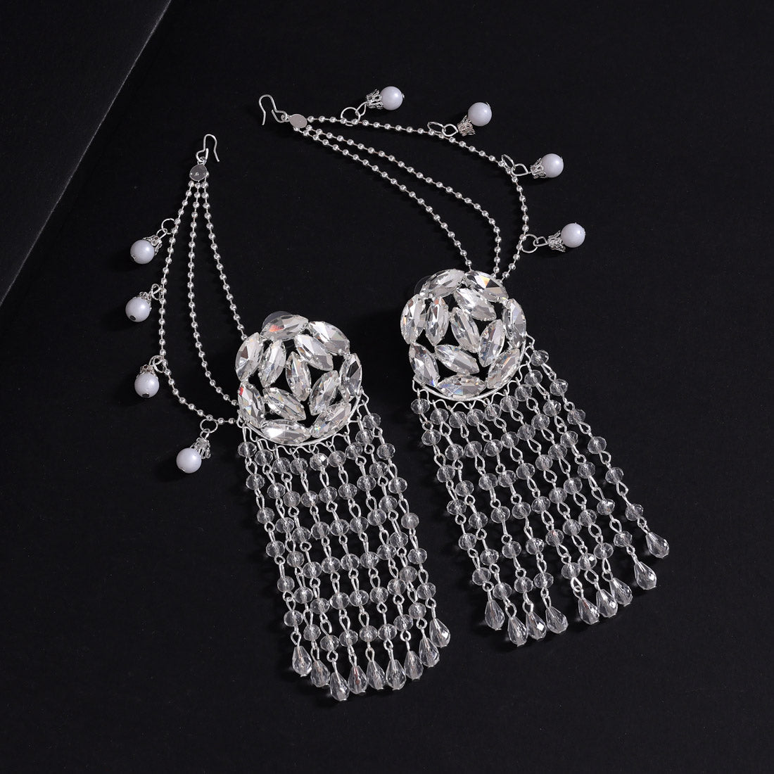 Silver Color Antique Stone Earrings With Chain (ANTE1755SLV) - Preyans.com