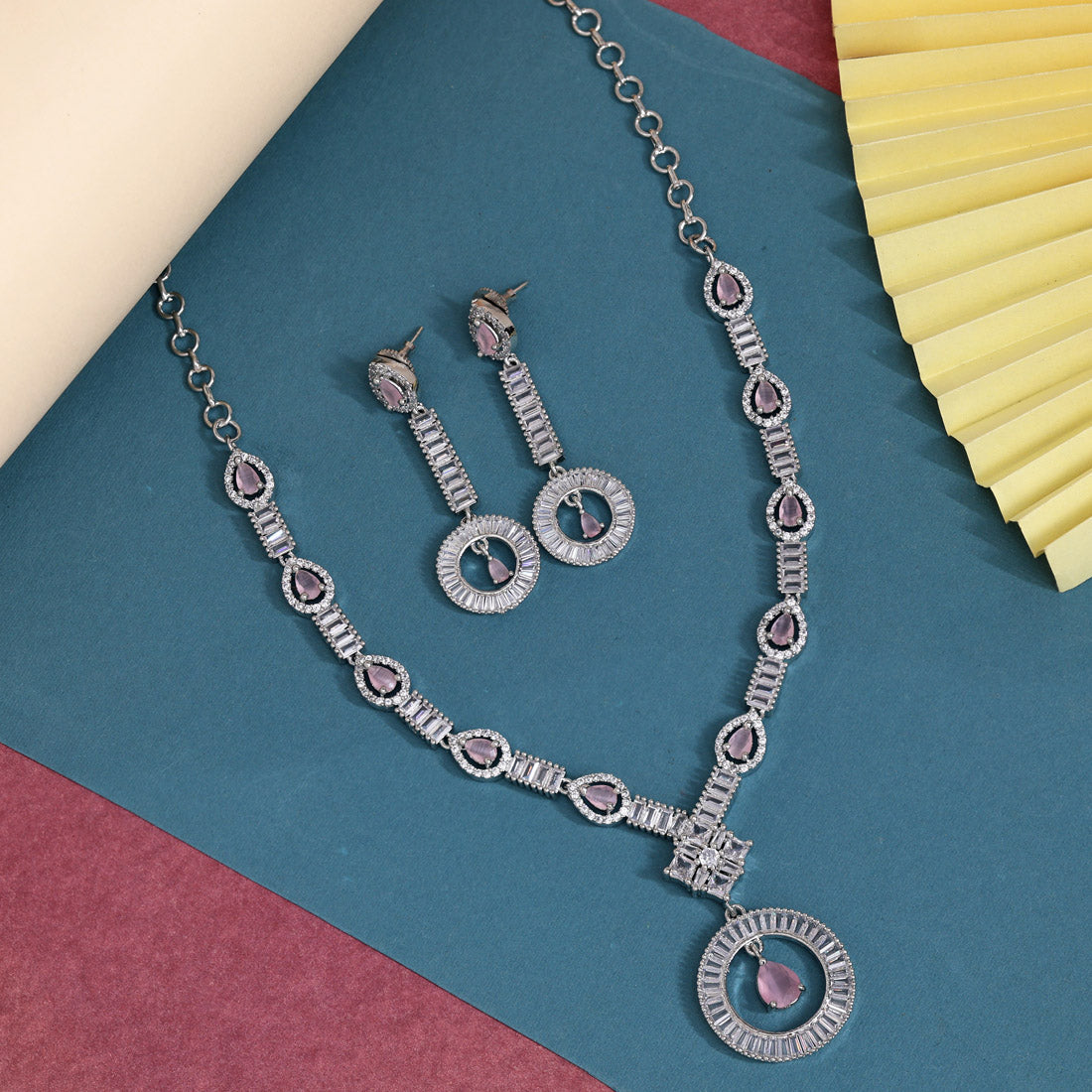 Pink Color American Diamond Necklace Set (CZN1017PNK) - Preyans.com