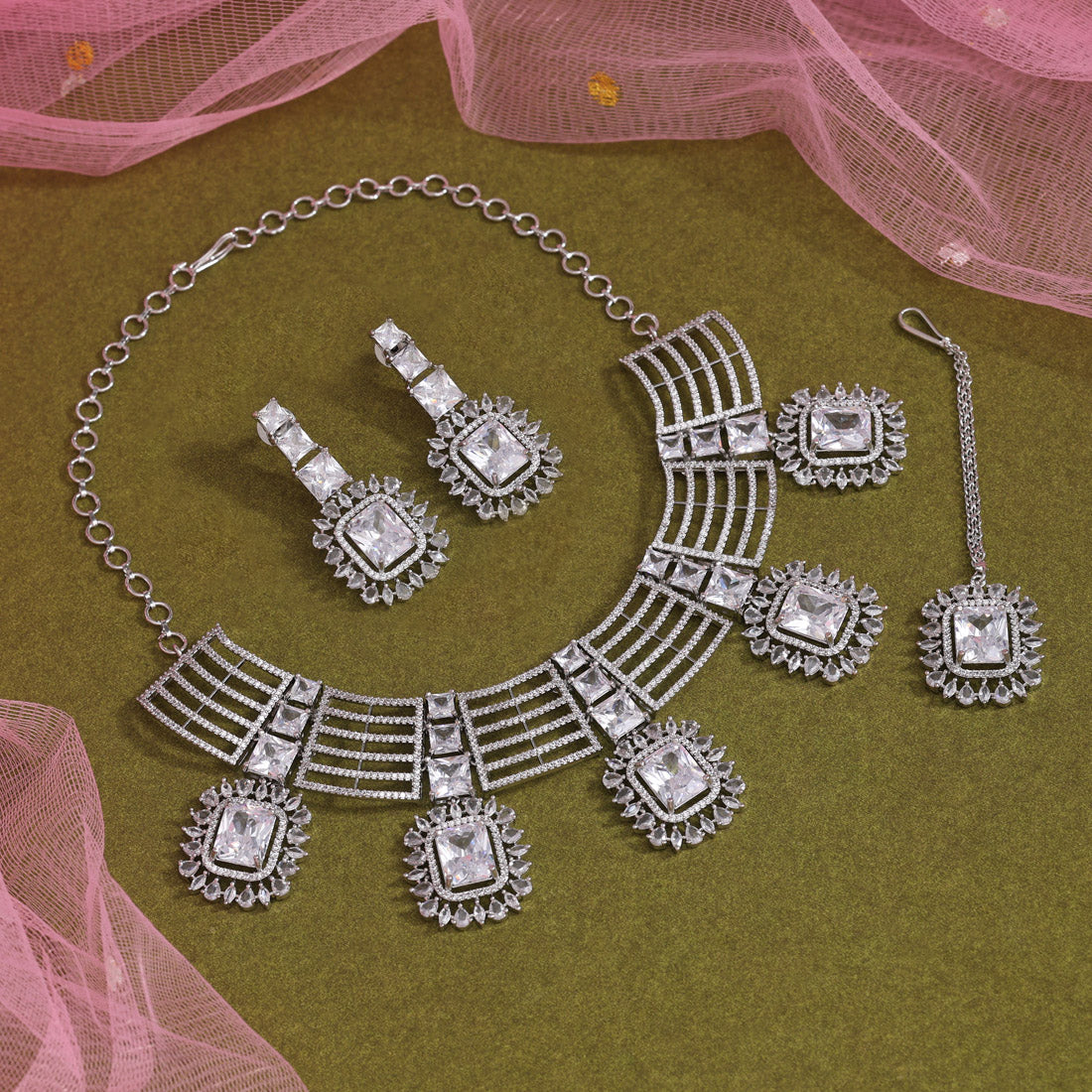 Silver Color American Diamond Necklaces Set (CZN1050SLV) - Preyans.com