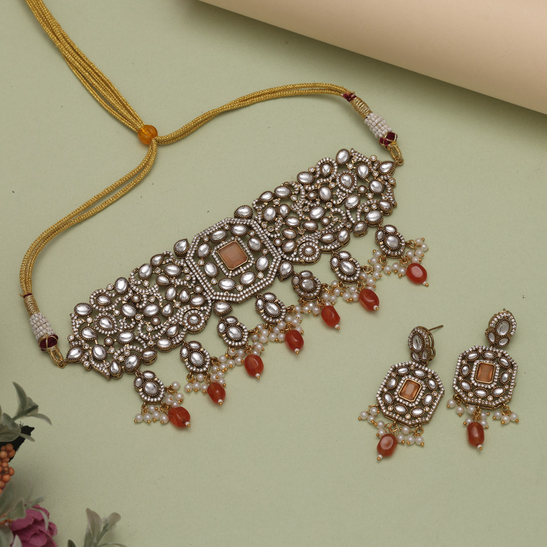 Light Brown Color Premium Jaipur American Diamond Jewellery Brass Choker Necklace With Beautiful Monalisa And Moissanite Stone (CZN1064LBRW) - eindiawholesale.com