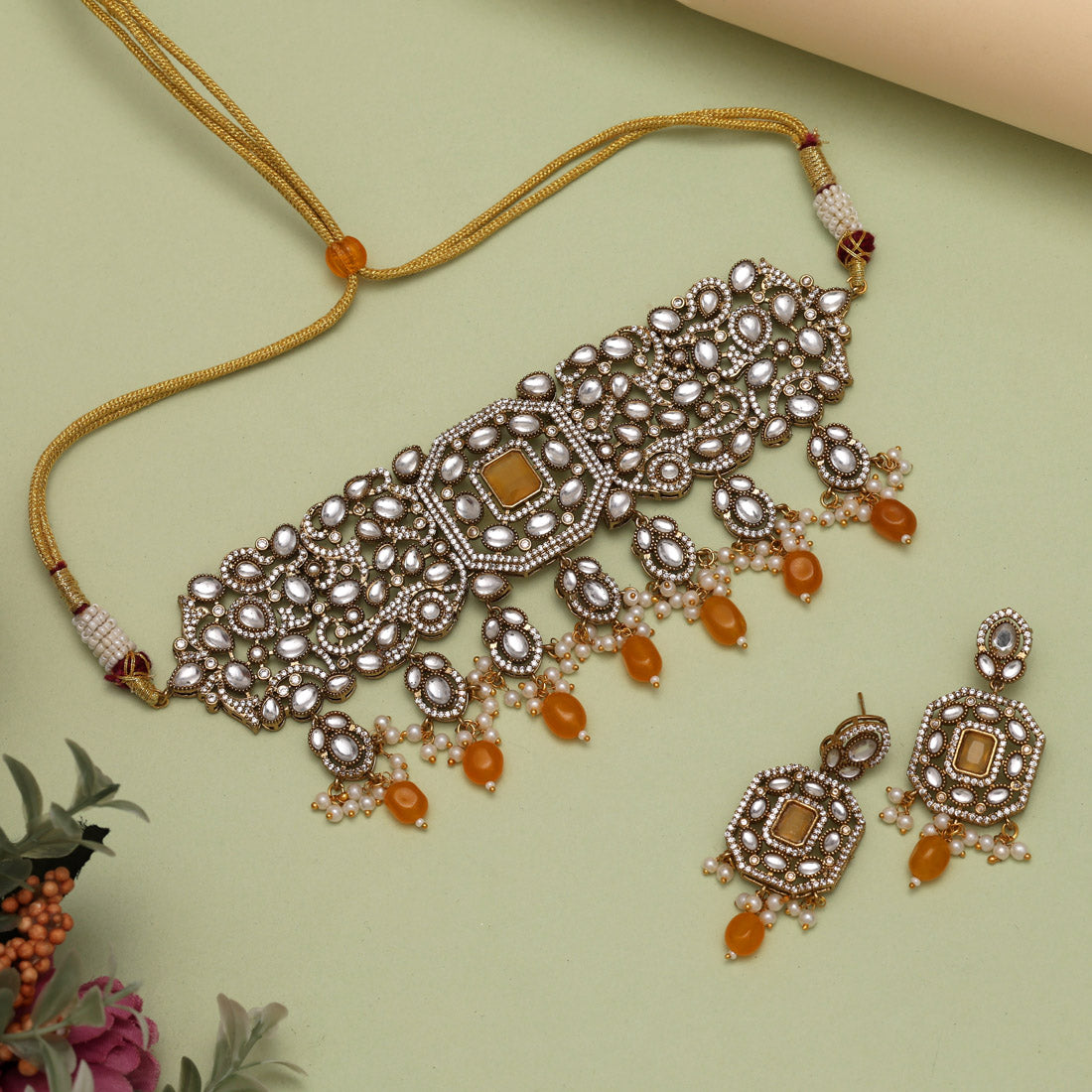 Mustard Yellow Color Premium Jaipur American Diamond Jewellery Brass Choker Necklace With Beautiful Monalisa And Moissanite Stone (CZN1064MYLW) - eindiawholesale.com