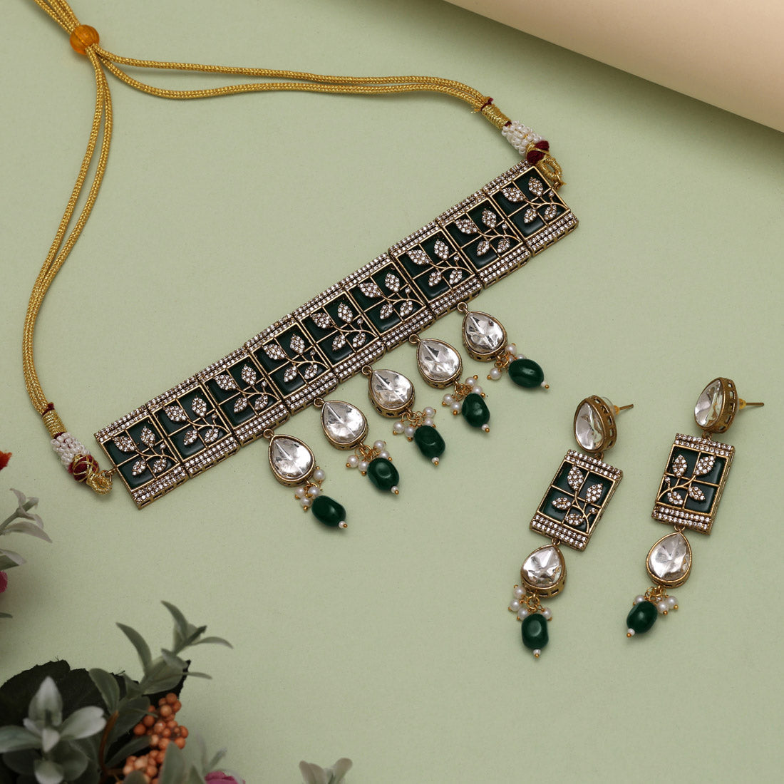 Green Color Unique Brass Choker Necklace With Ad And Moissanite Stone (CZN1065GRN) - eindiawholesale.com