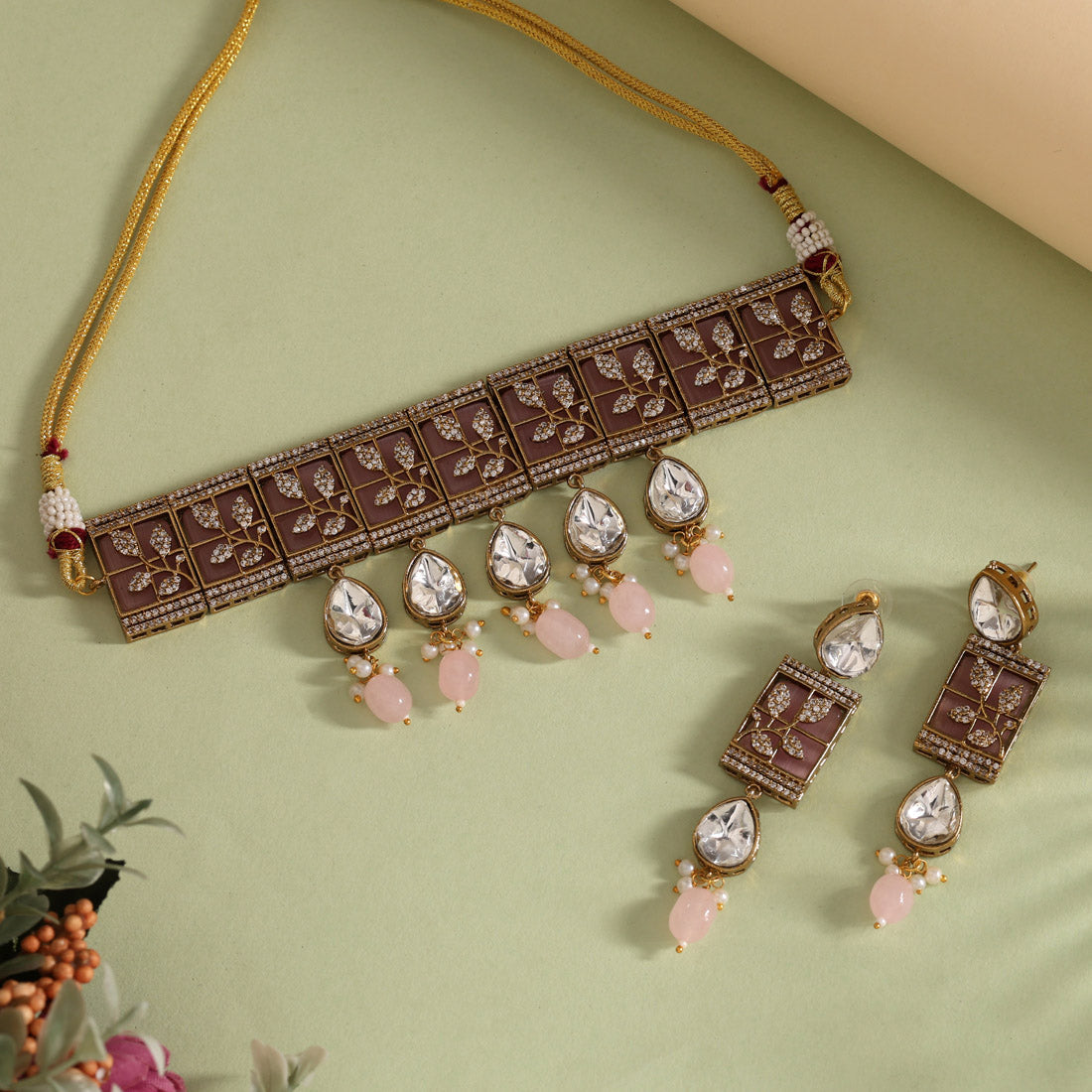 Pink Color Unique Brass Choker Necklace With Ad And Moissanite Stone (CZN1065PNK) - eindiawholesale.com