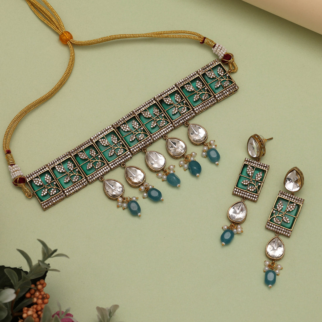 Rama Green Color Unique Brass Choker Necklace With Ad And Moissanite Stone (CZN1065RGRN) - eindiawholesale.com