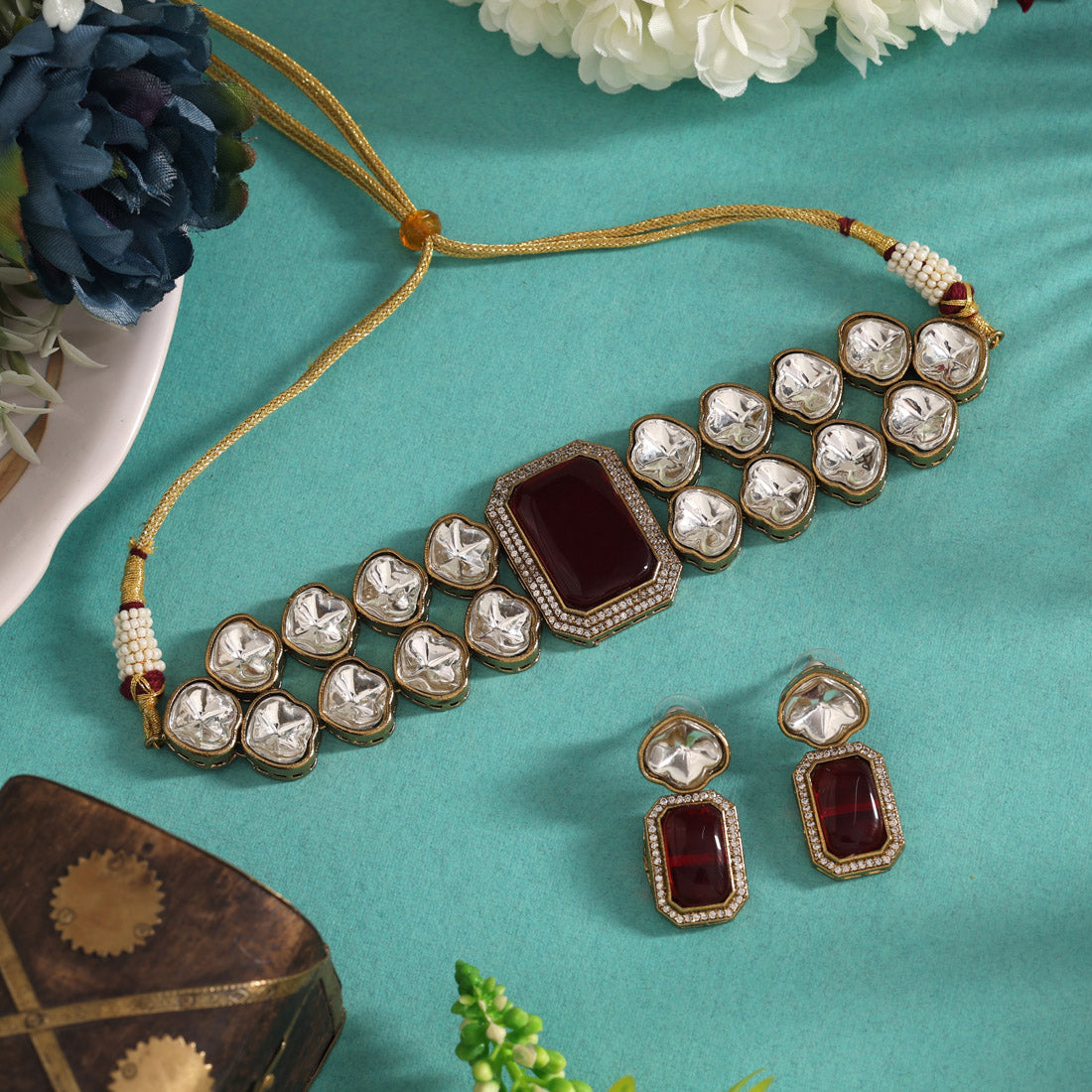Maroon Color Premium Quality Moissanite And Monalisa Stone Decorated Choker Necklace (CZN1066MRN) - eindiawholesale.com