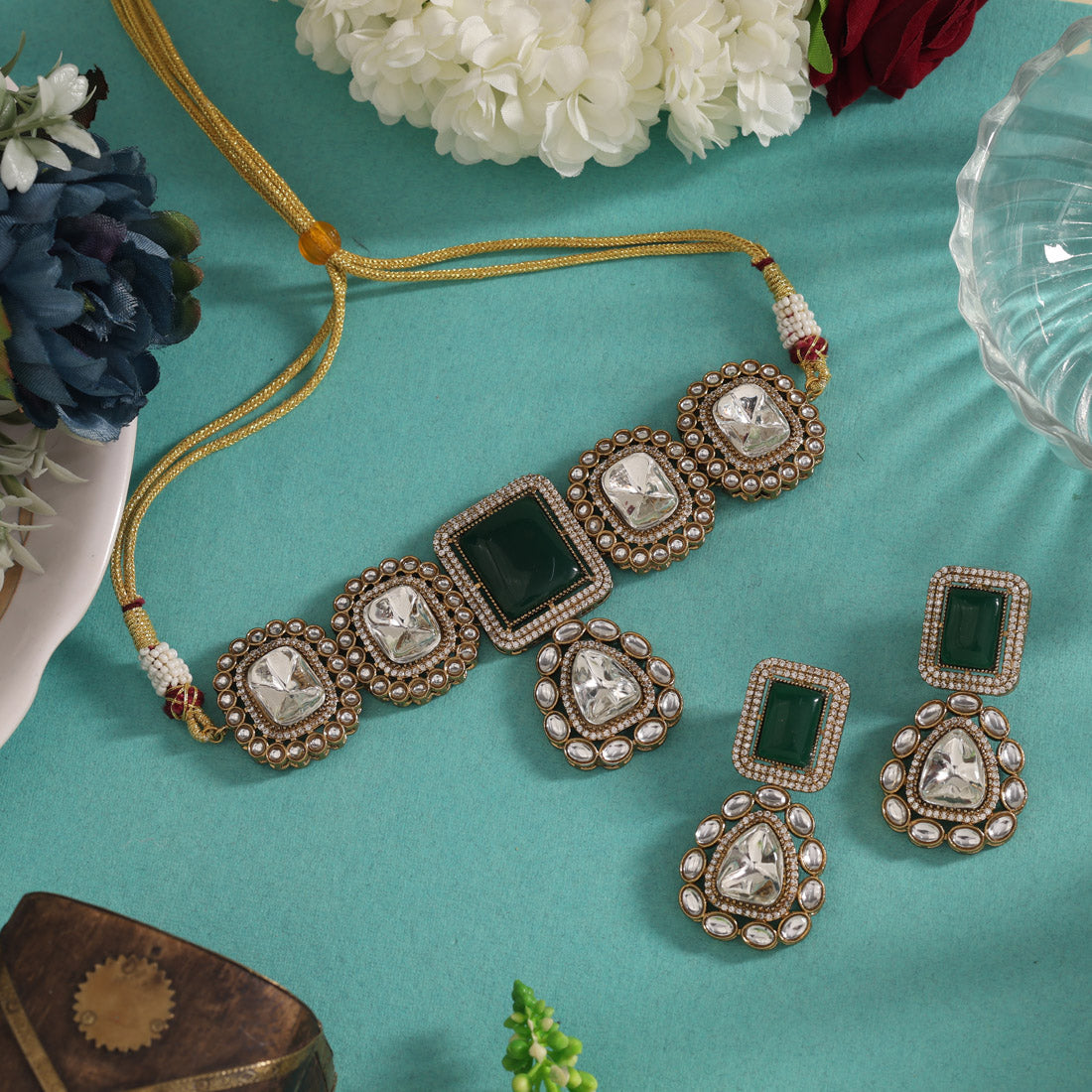 Green Color Handmade Jaipur Choker Necklace With Moissanite And Monalisa Stones (CZN1067GRN) - eindiawholesale.com