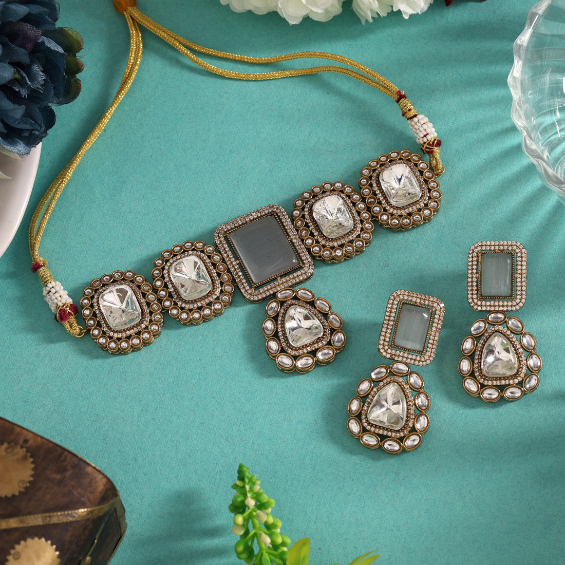 Grey Color Handmade Jaipur Choker Necklace With Moissanite And Monalisa Stones (CZN1067GRY) - eindiawholesale.com