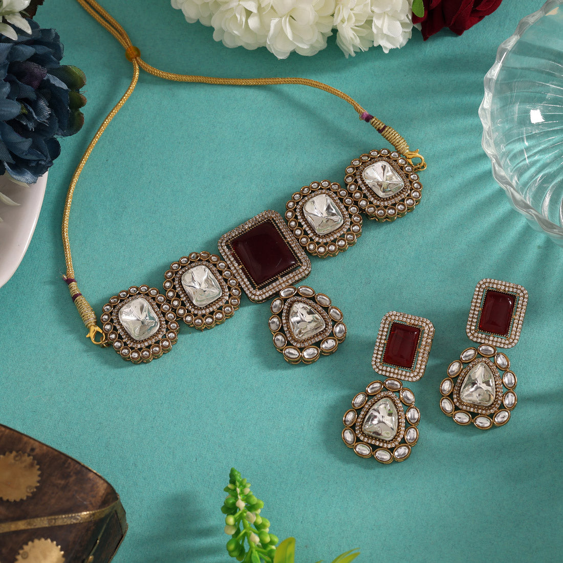 Maroon Color Handmade Jaipur Choker Necklace With Moissanite And Monalisa Stones (CZN1067MRN) - eindiawholesale.com
