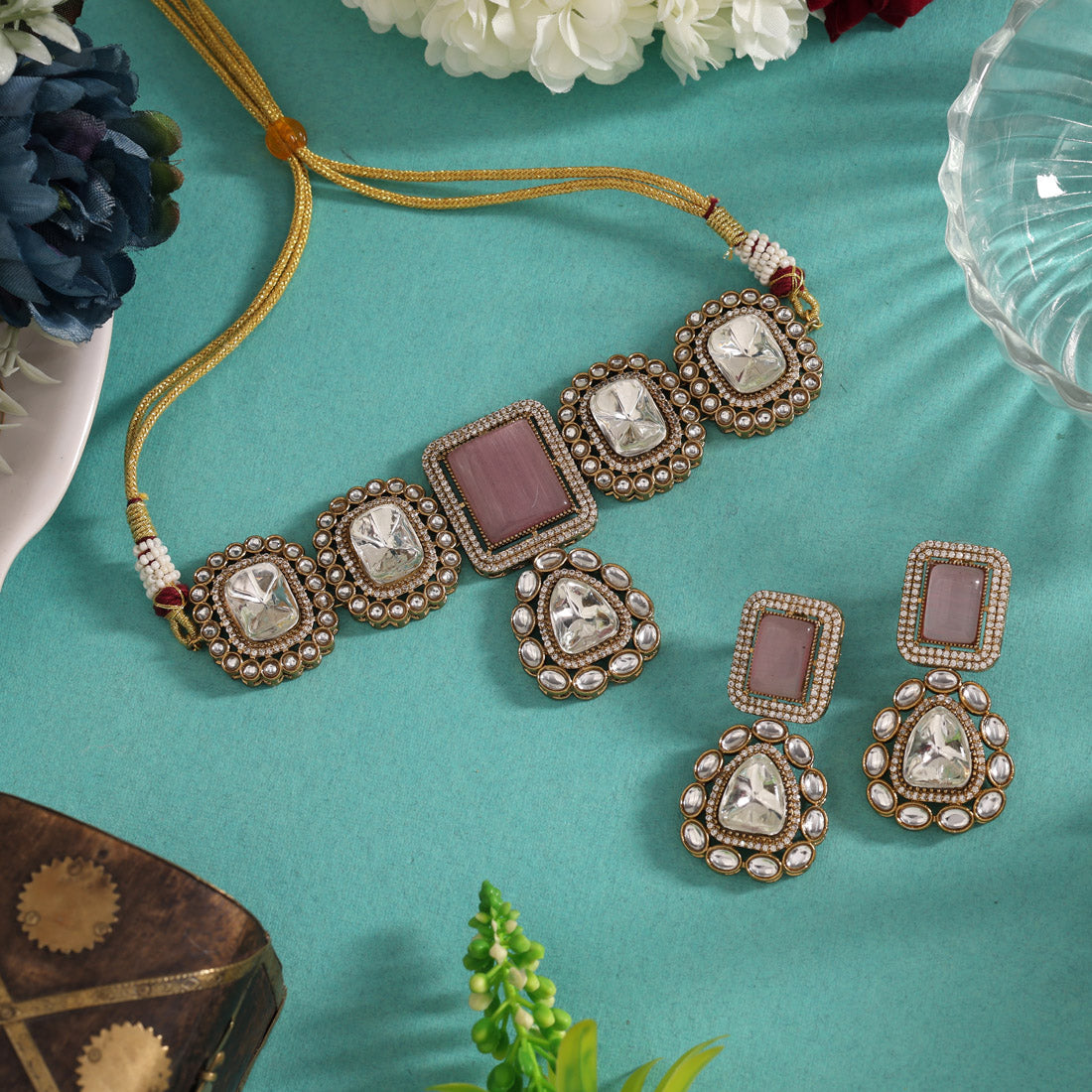 Pink Color Handmade Jaipur Choker Necklace With Moissanite And Monalisa Stones (CZN1067PNK) - eindiawholesale.com