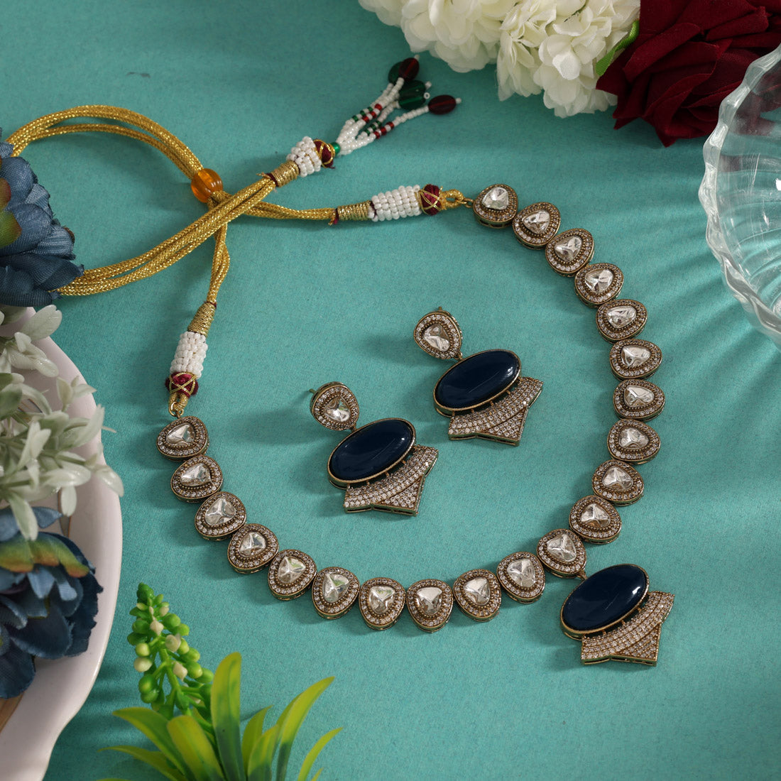 Blue Color Handmade Jaipur American Diamond Necklace With Monalisa Stones (CZN1068BLU) - eindiawholesale.com