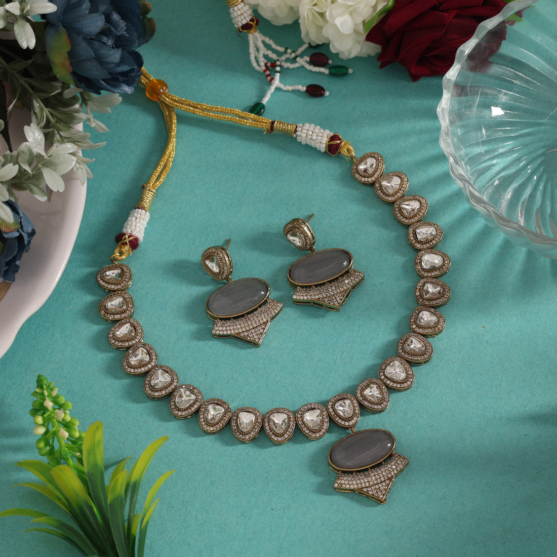 Grey Color Handmade Jaipur American Diamond Necklace With Monalisa Stones (CZN1068GRY) - eindiawholesale.com