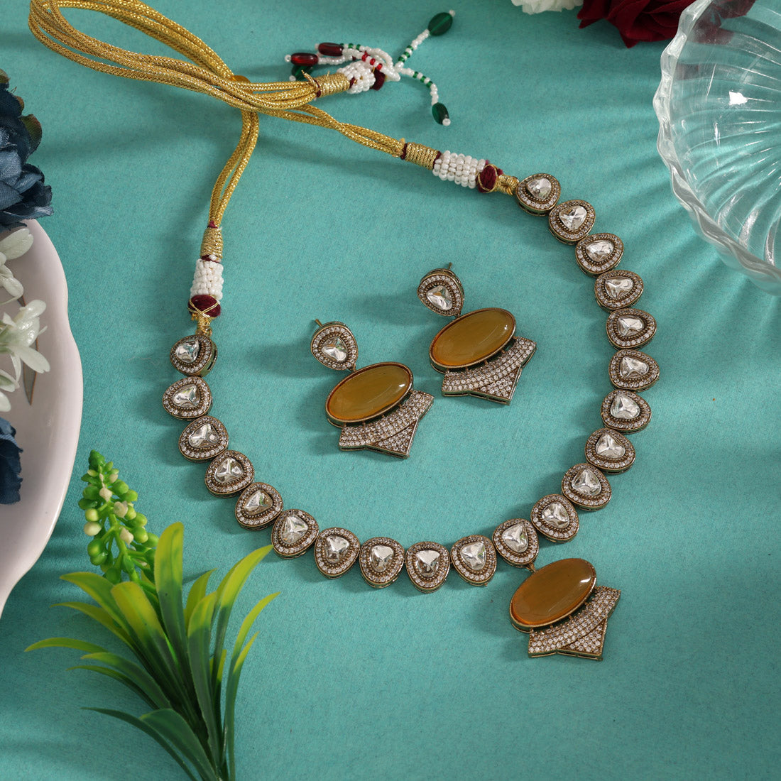 Mustard Yellow Color Handmade Jaipur American Diamond Necklace With Monalisa Stones (CZN1068MYLW) - eindiawholesale.com