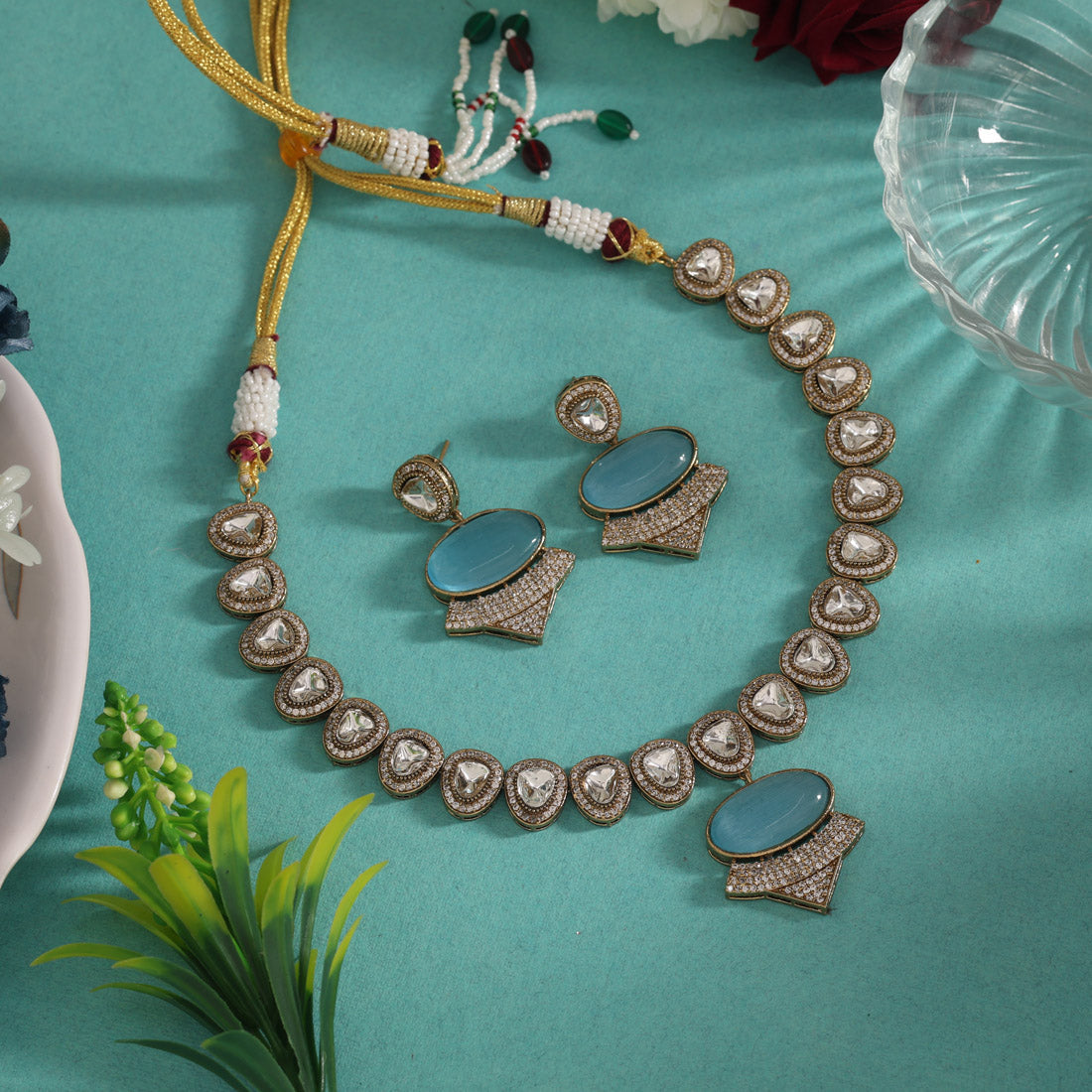 Sky Blue Color Handmade Jaipur American Diamond Necklace With Monalisa Stones (CZN1068SBLU) - eindiawholesale.com