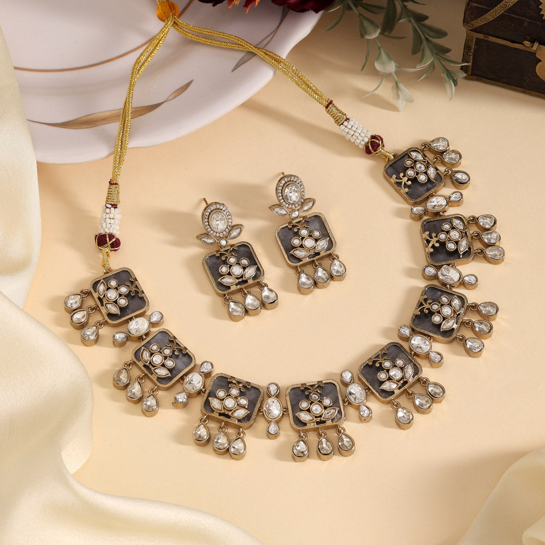 Grey Color Premium Handmade Brass Necklace With Moissanite Stones (CZN1069GRY) - eindiawholesale.com