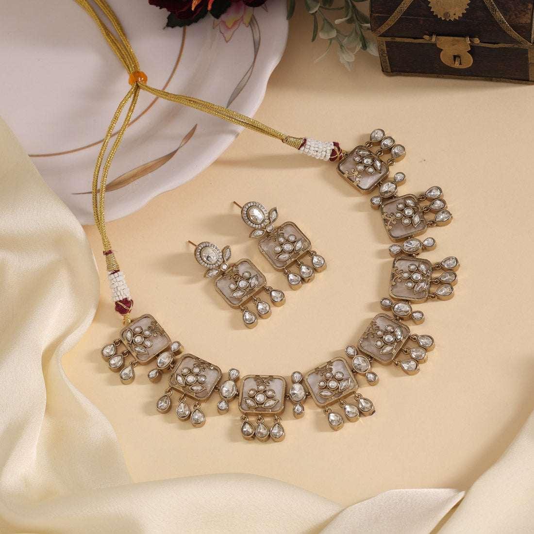 Off White Color Premium Handmade Brass Necklace With Moissanite Stones (CZN1069OWHT) - eindiawholesale.com
