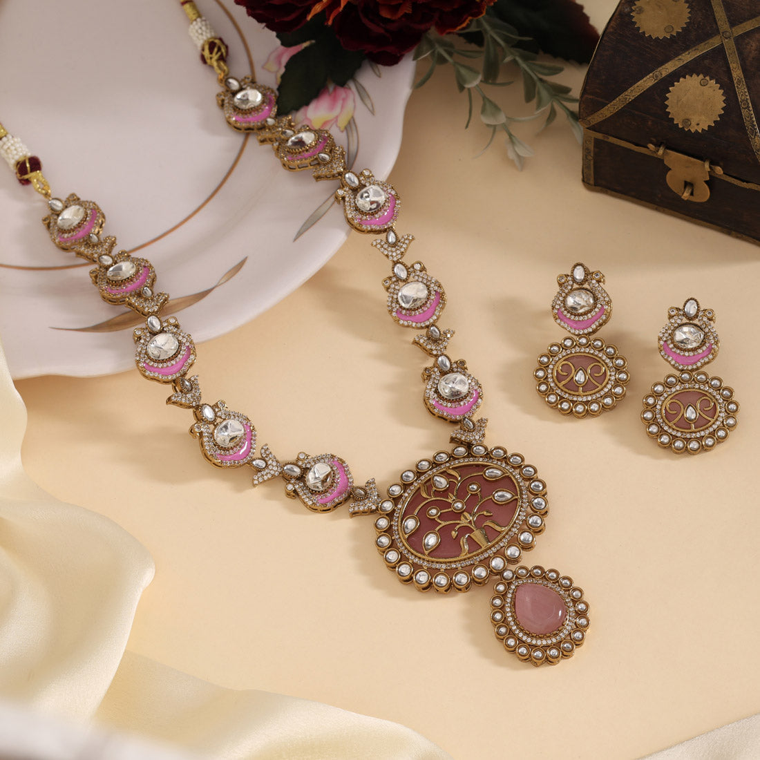Pink Color Premium Quality Moissanite Kundan Necklace Set (CZN1070PNK) - eindiawholesale.com