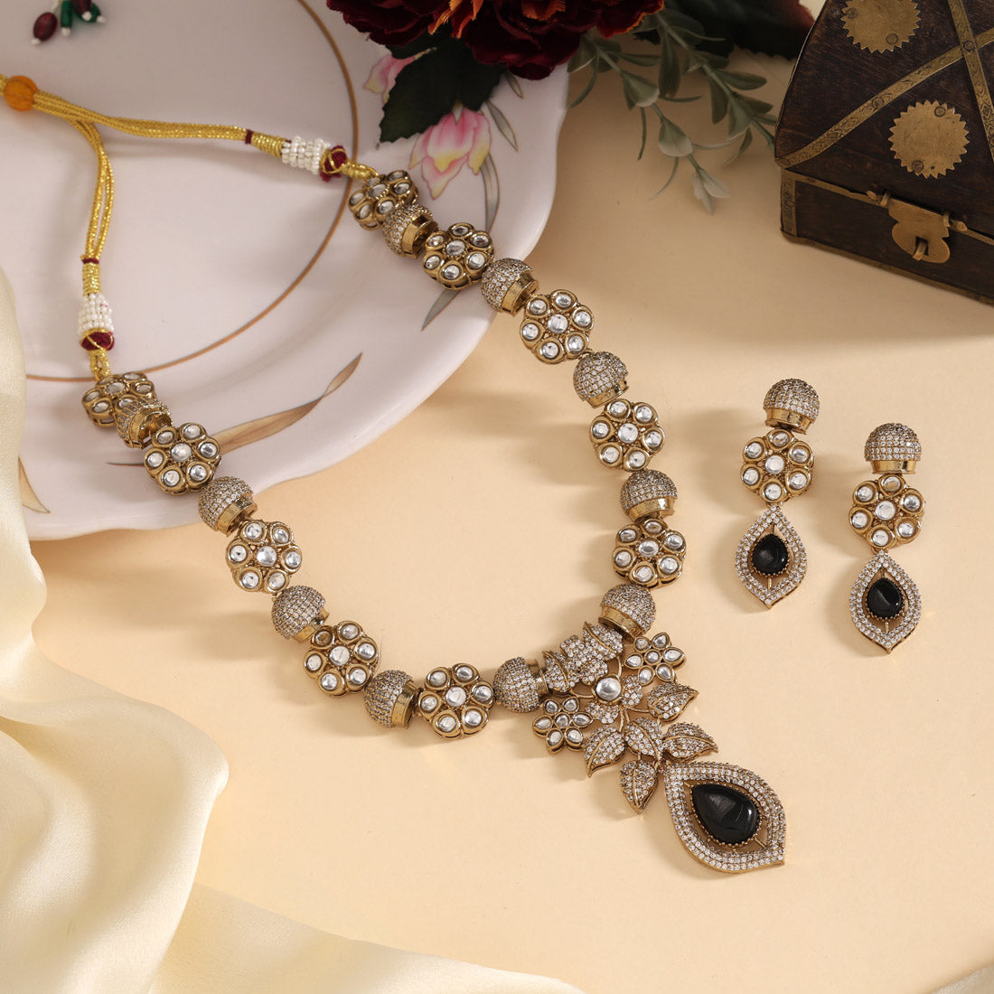Black Color Premium Quality Handmade In Jaipur Brass Ad & Monalisa Stone Necklace Set (CZN1071BLK) - eindiawholesale.com
