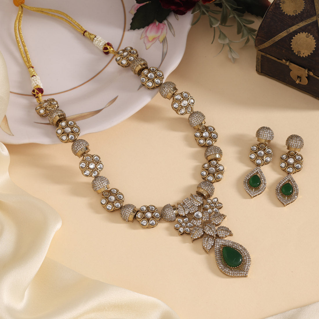 Green Color Premium Quality Handmade In Jaipur Brass Ad & Monalisa Stone Necklace Set (CZN1071GRN) - eindiawholesale.com