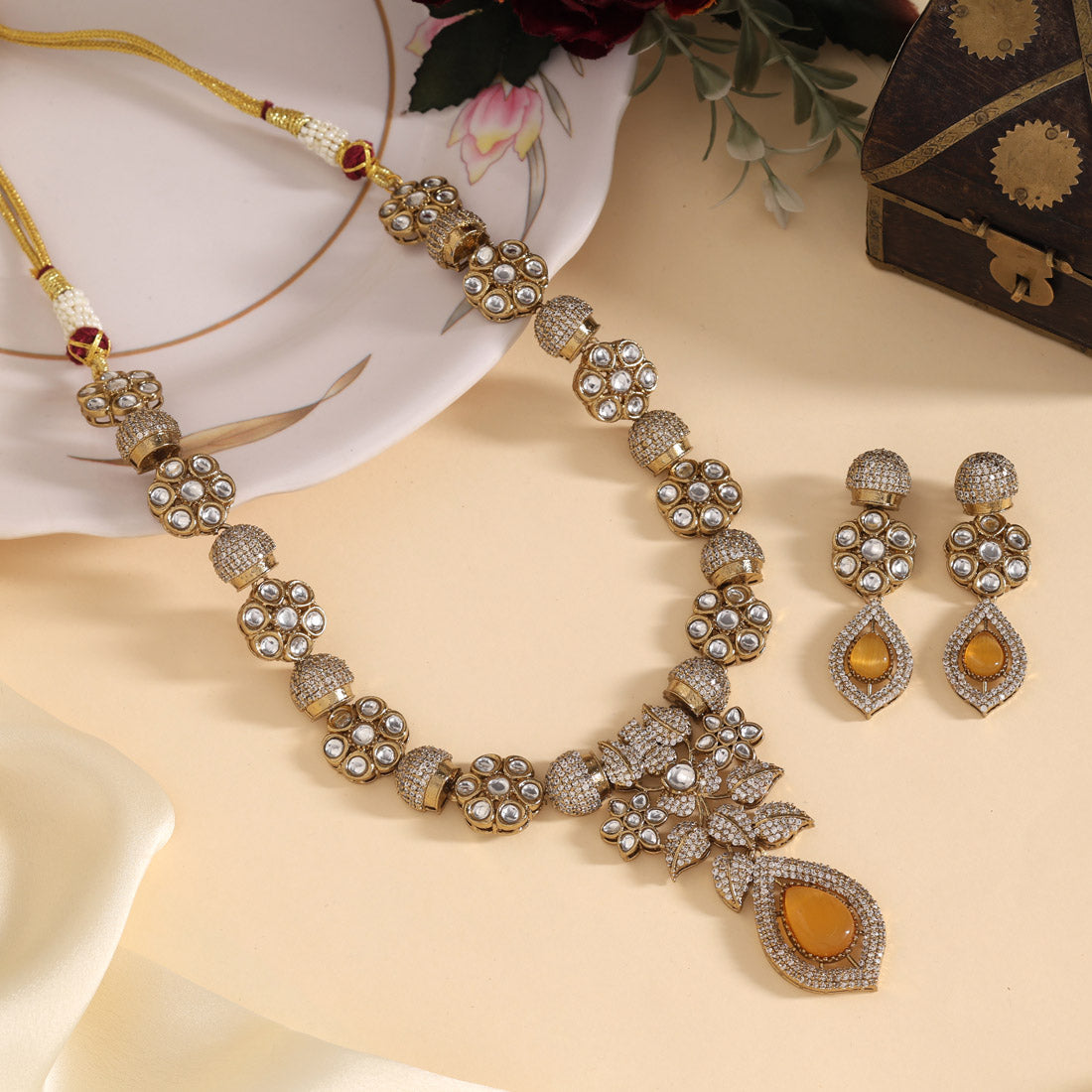 Mustard Yellow Color Premium Quality Handmade In Jaipur Brass Ad & Monalisa Stone Necklace Set (CZN1071MYLW) - eindiawholesale.com