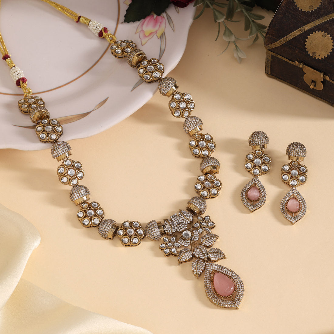 Pink Color Premium Quality Handmade In Jaipur Brass Ad & Monalisa Stone Necklace Set (CZN1071PNK) - eindiawholesale.com