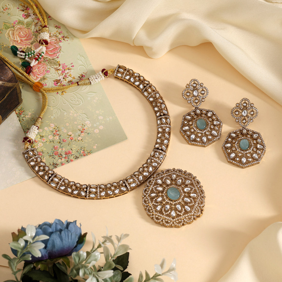 Sky Blue Color Premium Quality Hasli Style Handmade Ad & Monalisa Stone Necklace Set (CZN1072SBLU) - eindiawholesale.com