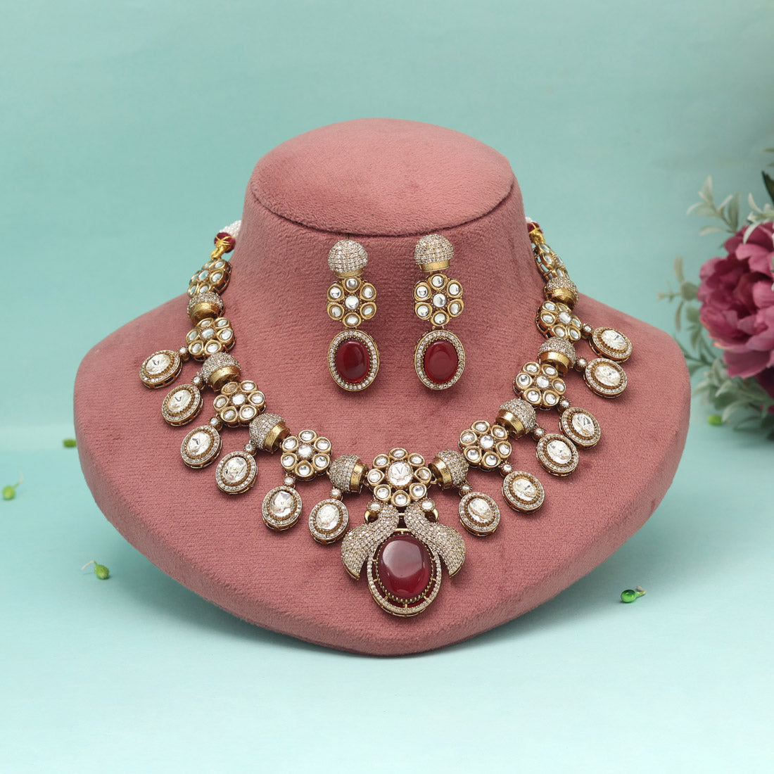 Maroon Color American Diamond Necklaces Set - Preyans.com