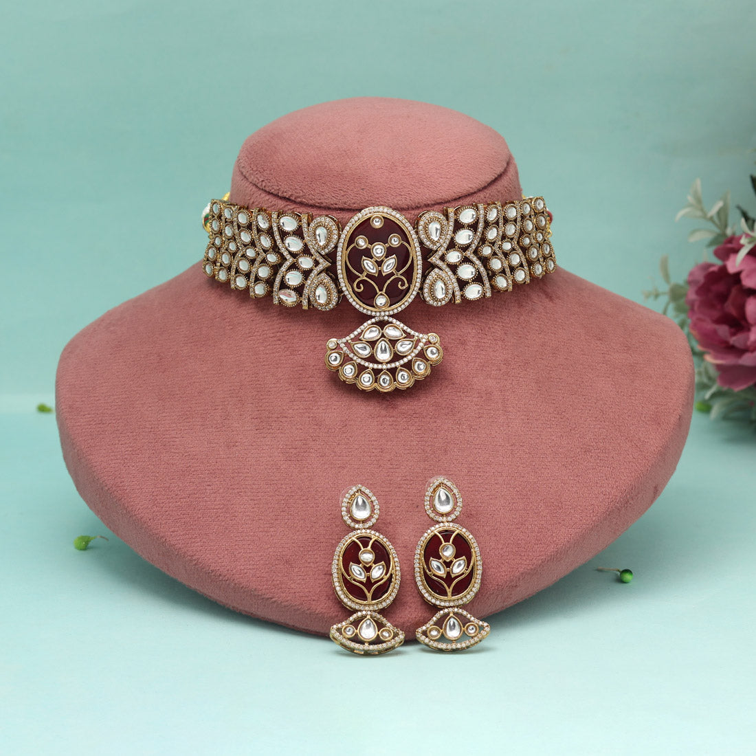 Maroon Color Choker American Diamond Necklaces Set - Preyans.com