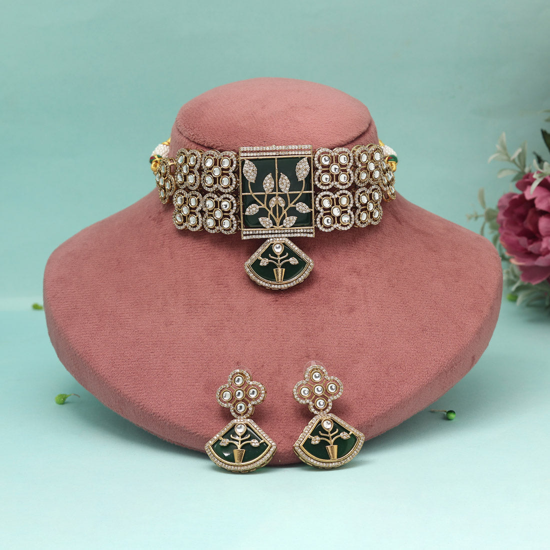 Green Color Choker American Diamond Necklaces Set - Preyans.com