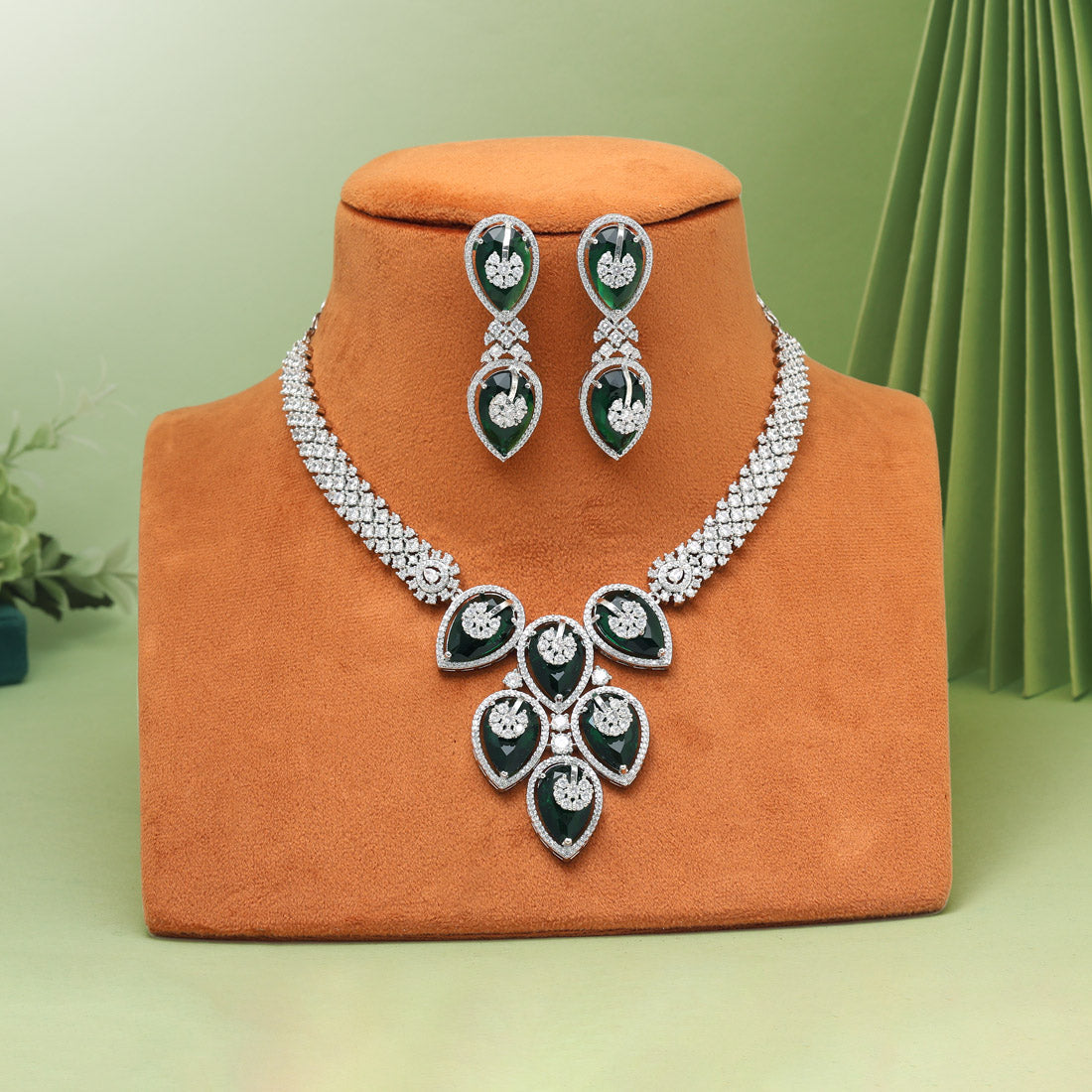 Green Color American Diamond Necklaces Set - Preyans.com