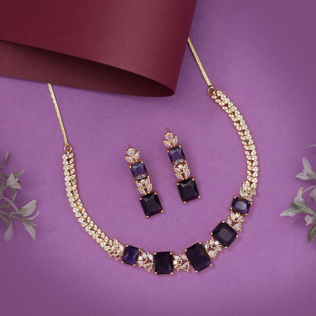 Purple Color American Diamond Necklaces Set - Preyans.com